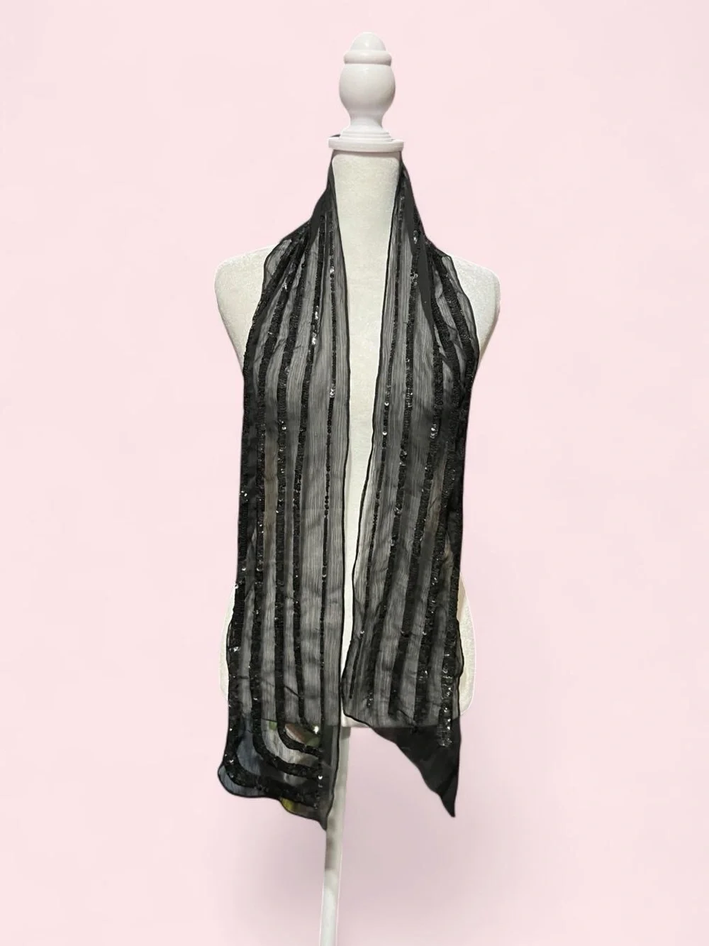 Sheer Black Striped Scarf with Sequin Accents